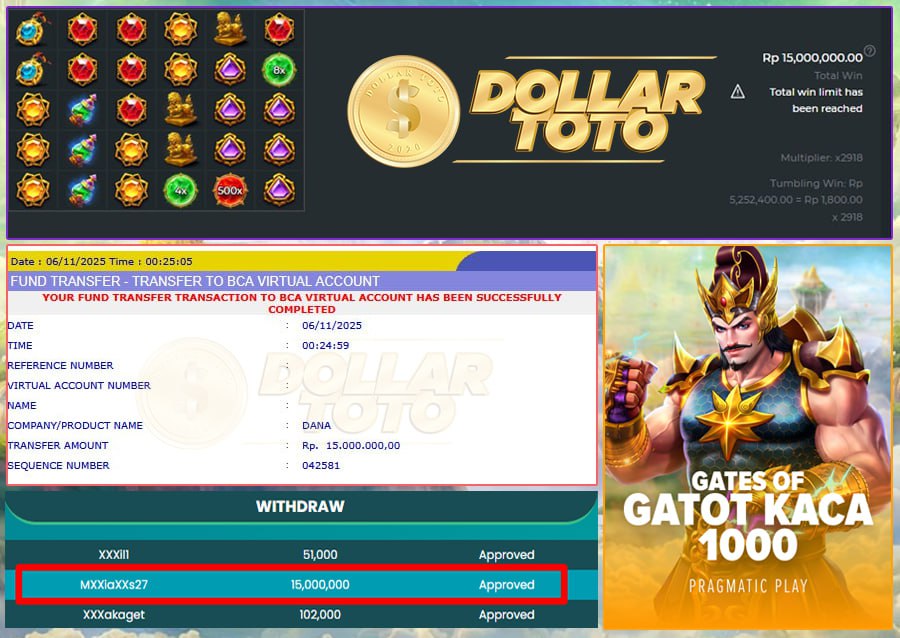 CUAN GAK ADA HENTINYA DI DOLLARTOTO !! KEMBALI LAGI WIN DI GATES OF GATOT KACA 1000 DENGAN JP SEBESAR 15 JUTA!!